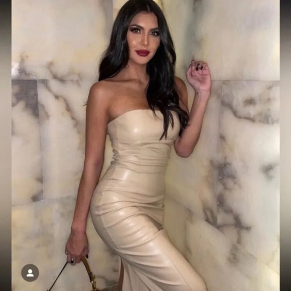 Zara Faux Leather Strapless Midi Dress Beige Blogger Fav Size Small - Picture 3 of 15